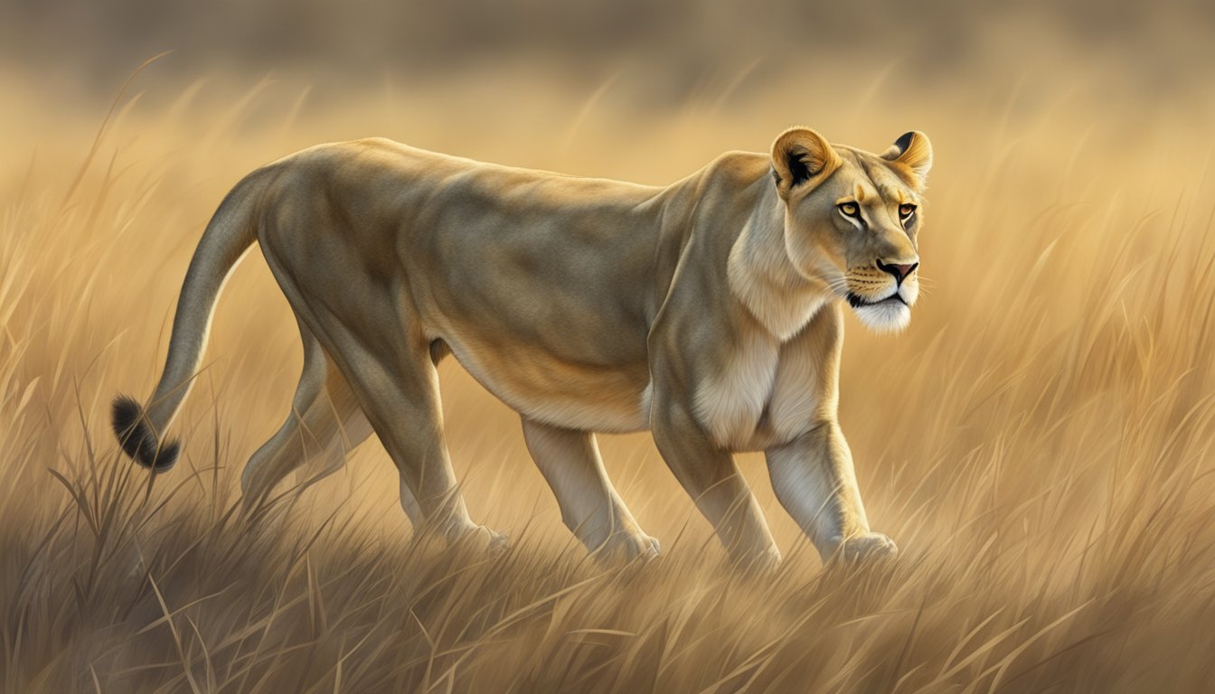 A lioness prowls through the savanna, alert and focused, her senses sharp as she tracks her prey