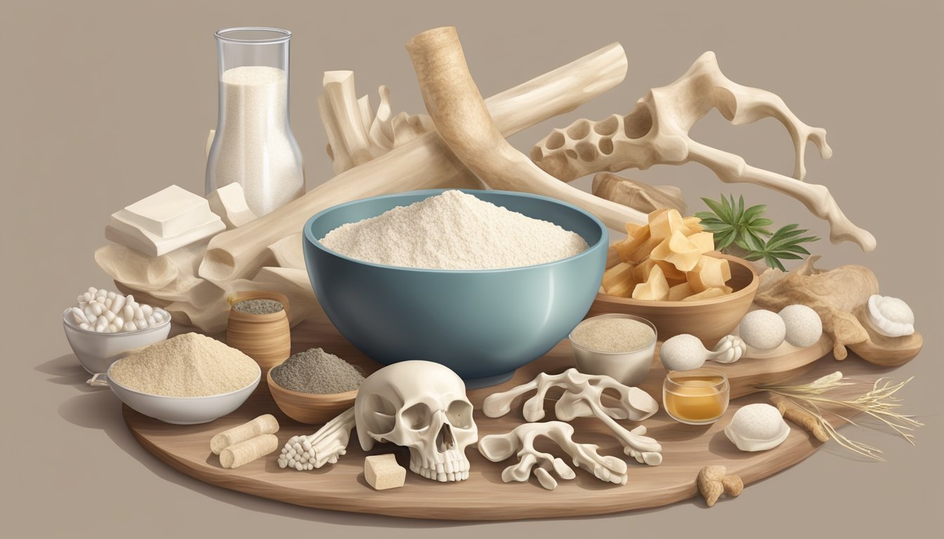 A variety of animal bones and joints arranged around a bowl of collagen powder, with a focus on the natural sources of collagen for joint health