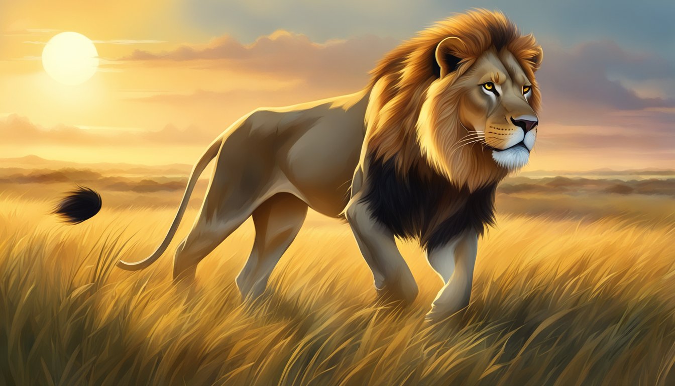 A lion prowling through a grassy savanna, its sharp eyes focused as it hunts for prey in the golden light of the setting sun