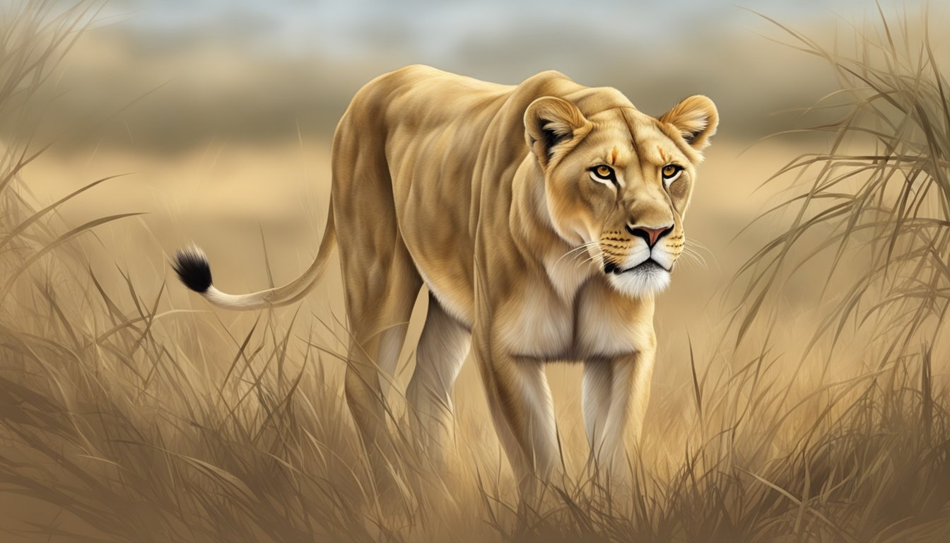 A lioness prowls through the savannah, her sharp eyes locked on her prey. A fresh kill lies at her feet, its blood still warm