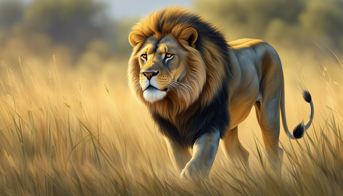 A lion prowls through a lush savanna, its sharp eyes focused as it tracks its prey. The predator's powerful muscles ripple beneath its golden coat as it moves with purpose and precision