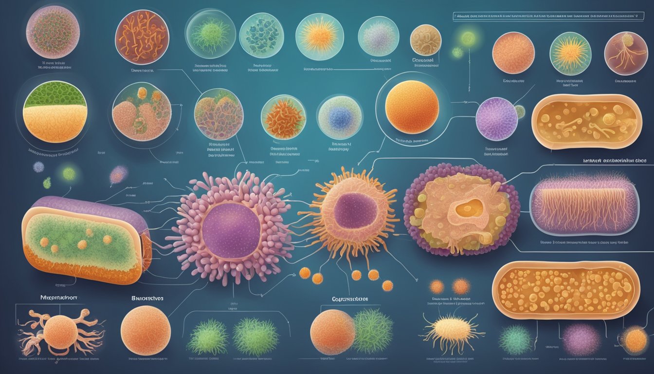 A detailed illustration of the gut microbiome, showing various types of bacteria and their interaction with the immune system