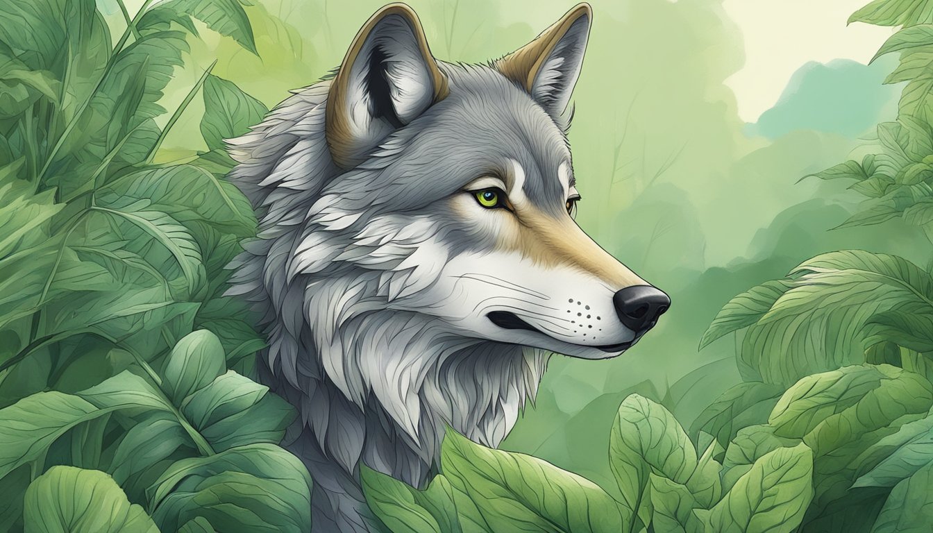 A wolf-like creature consuming plant-based sources of collagen with lush greenery in the background