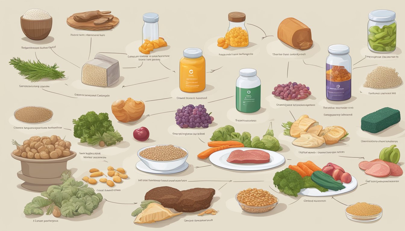 A detailed illustration of a GI map stool test kit surrounded by various carnivore diet food items, highlighting the process of identifying and addressing gut dysbiosis