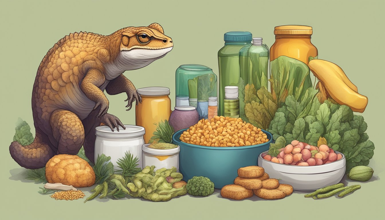 A carnivorous animal surrounded by various food items and a stool sample collection kit