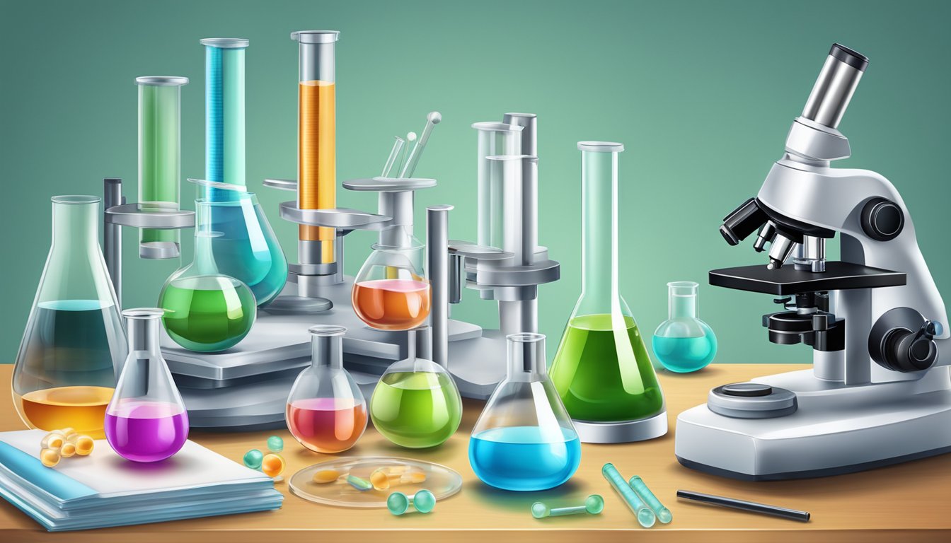 A laboratory table with test tubes, petri dishes, and a microscope