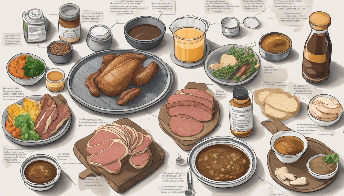 A table with a variety of meats, bone broth, and digestive supplements surrounded by a GI map stool test kit and a list of carnivore diet guidelines