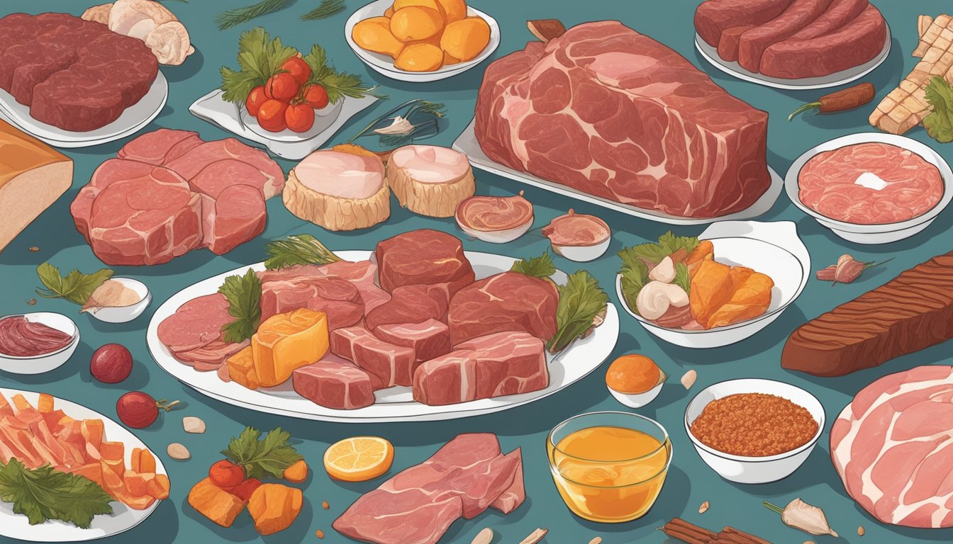 A table spread with various raw meats and animal products, surrounded by images of self-obsession and vanity