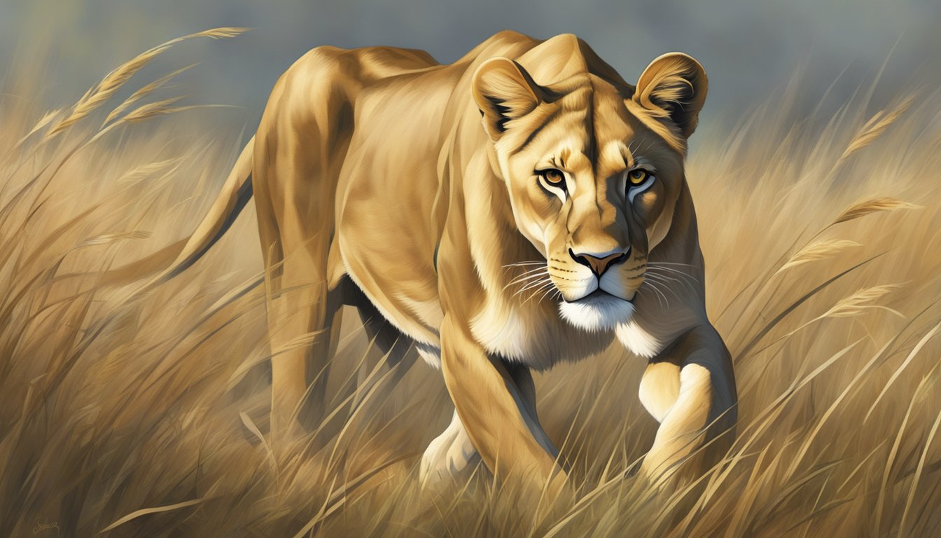 A lioness prowls through a grassy savanna, stalking her prey with focused determination. Her powerful muscles ripple beneath her golden coat as she prepares to pounce