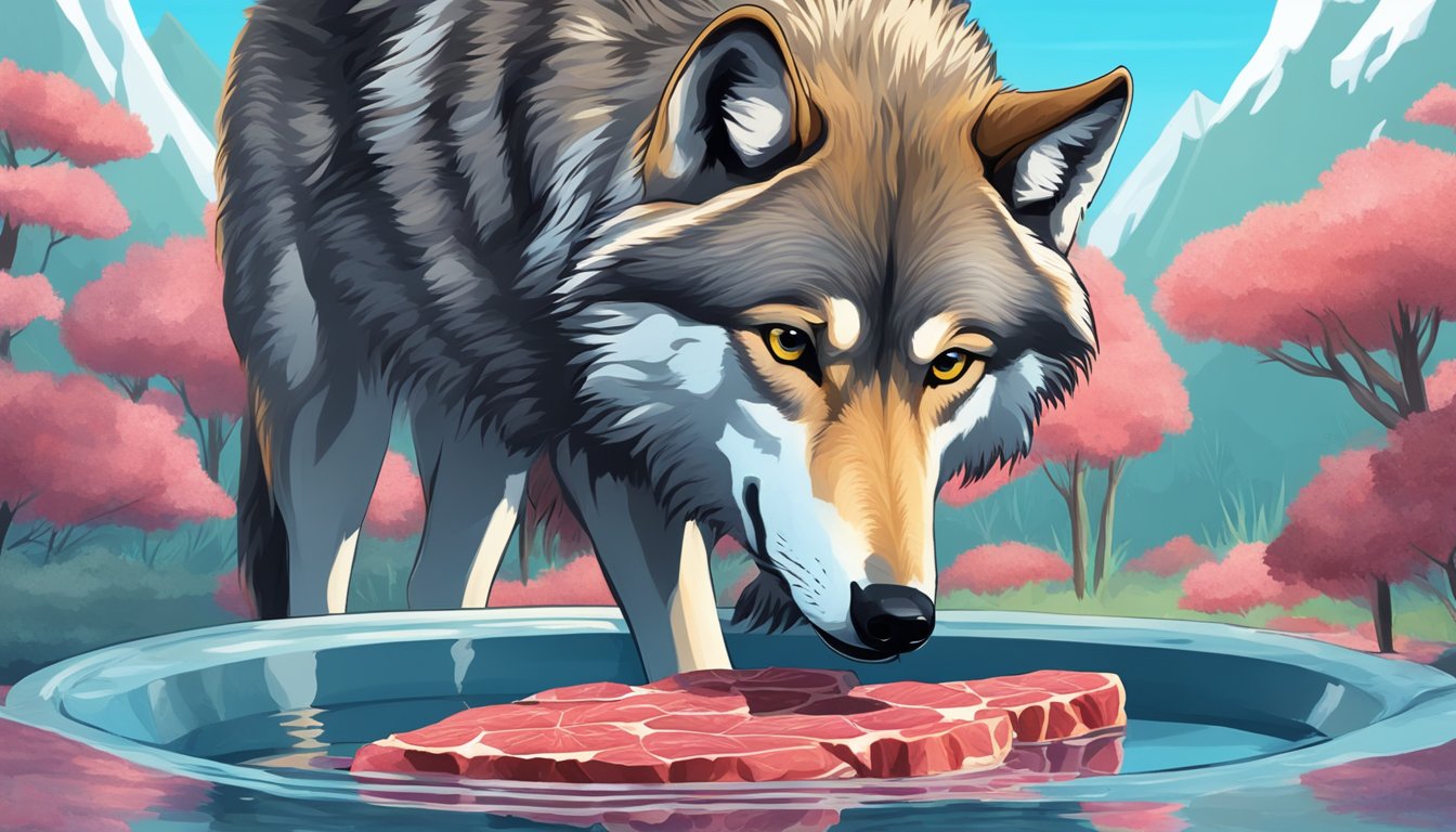 A lone wolf surrounded by raw meat, gazing at its reflection in a pool of water