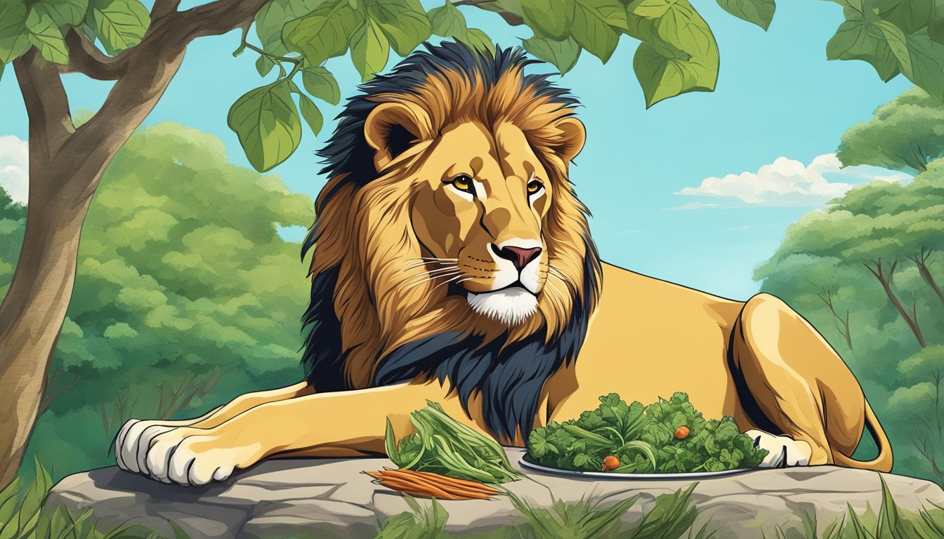 A lion feasting on a fresh kill, surrounded by lush greenery and a clear blue sky, symbolizing improved digestive health on a carnivore diet