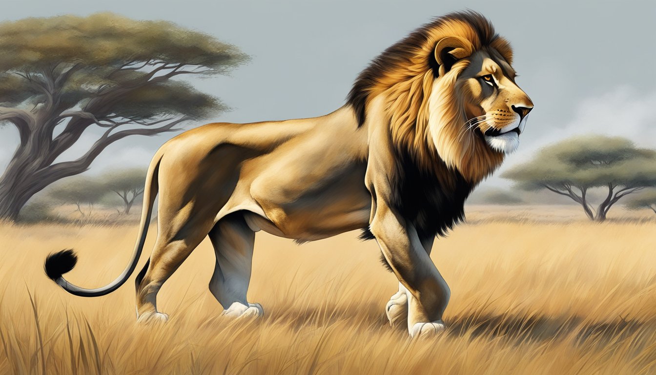 A lion prowls through the savanna, hunting and consuming its prey. Its sleek and powerful body exudes strength and vitality, representing the potential benefits of a carnivore diet in controlling hypertension naturally