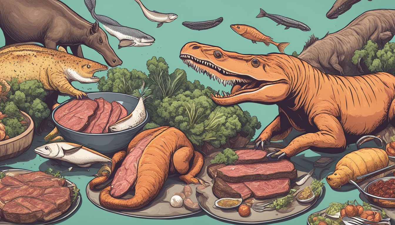 A carnivorous animal surrounded by various types of meat, with a thought bubble showing a reflection of itself