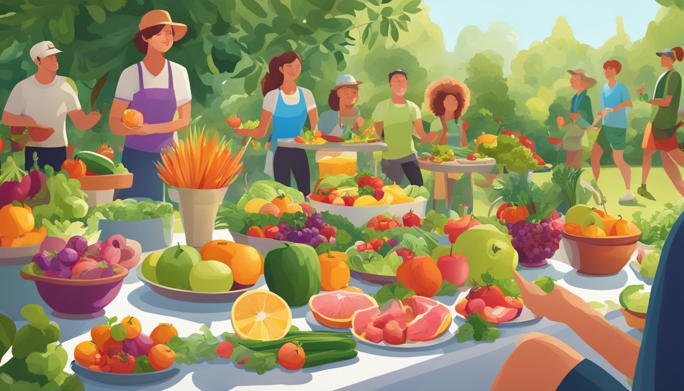 A vibrant, lush garden with an assortment of fresh fruits, vegetables, and lean meats arranged on a table, surrounded by a backdrop of energetic, healthy individuals engaged in various physical activities