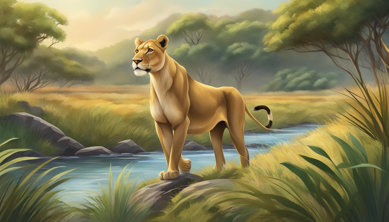 A lioness confidently prowling through a lush savanna, surrounded by a variety of fresh, vibrant vegetation and a clear, flowing stream