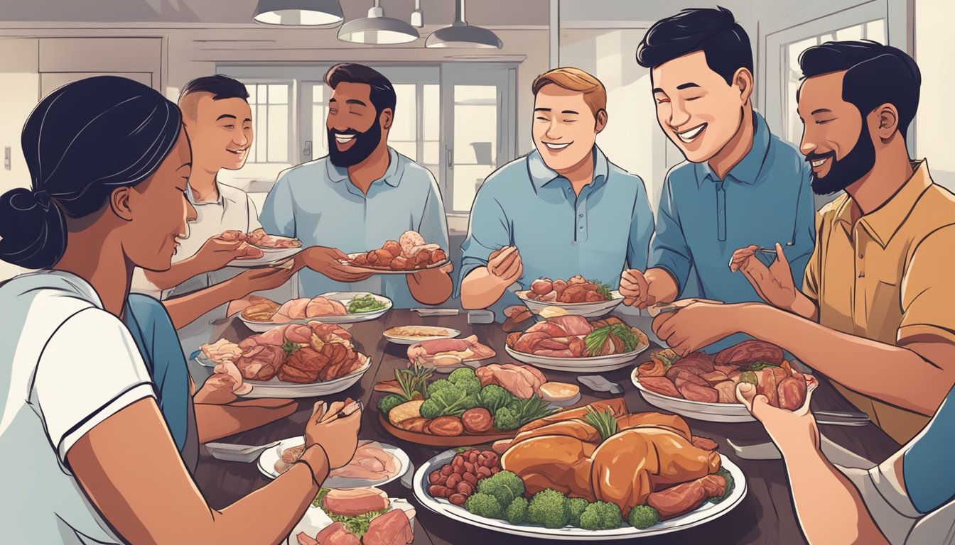 A person enjoying a variety of meats and animal products while receiving support from a group of like-minded individuals