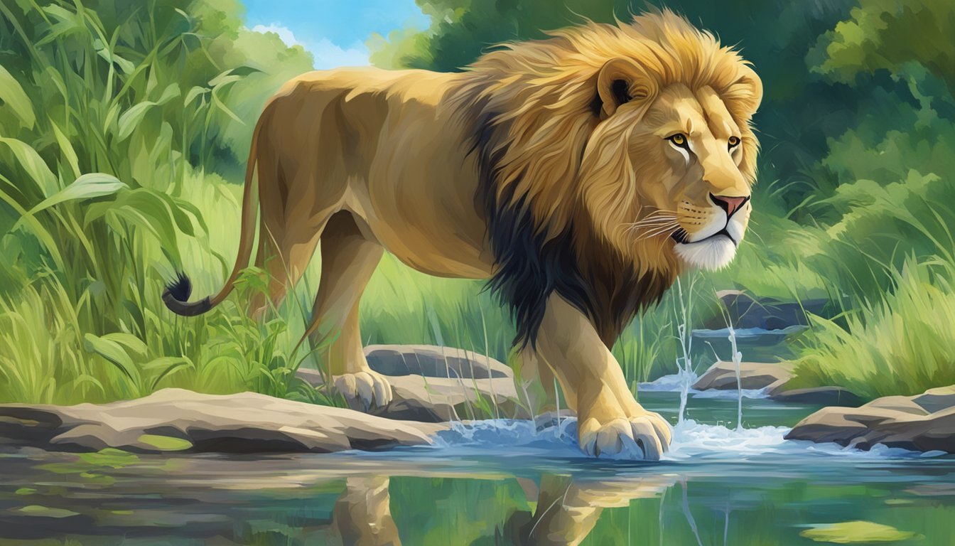 A lion drinking from a clear stream, surrounded by fresh green vegetation and a blue sky above