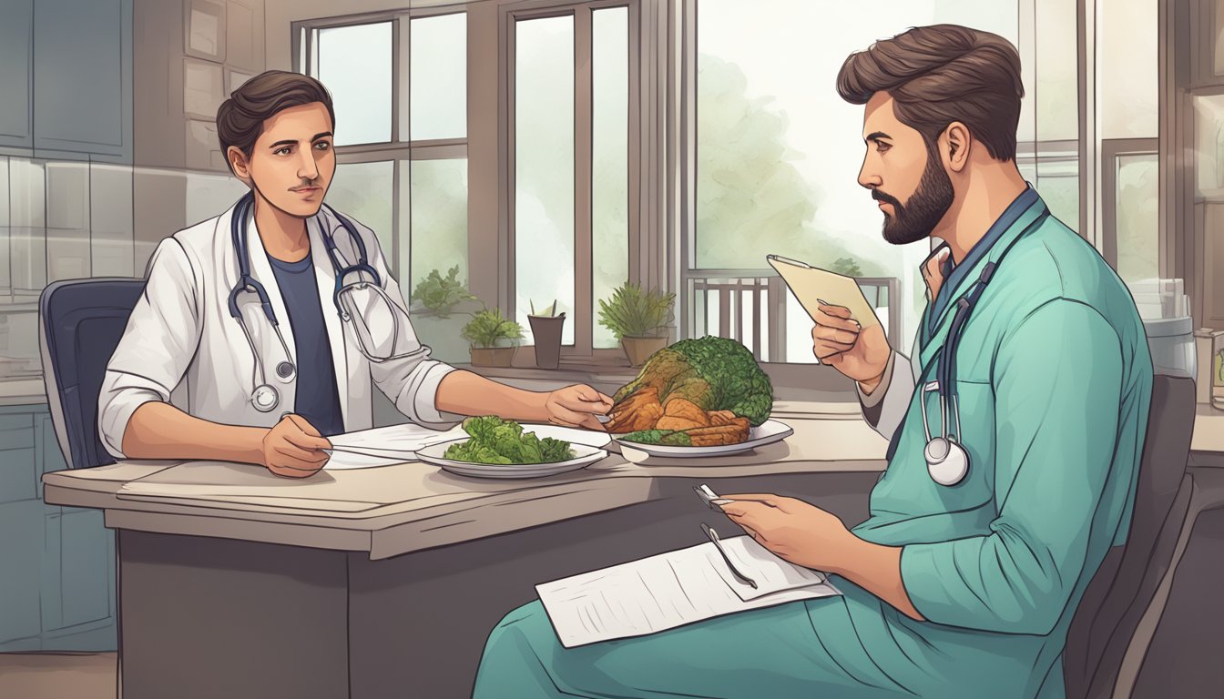 A doctor monitoring a carnivore diet with a skeptical patient showing signs of narcissism