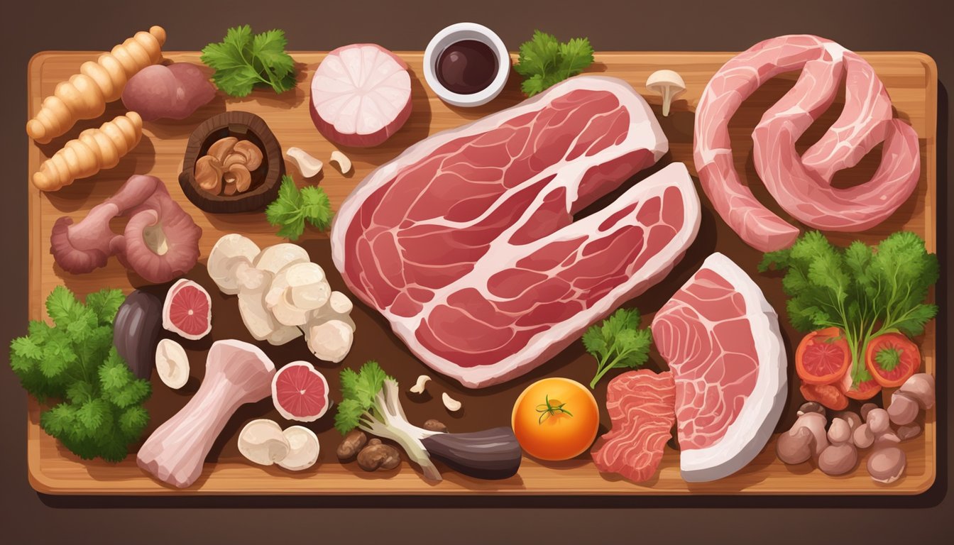 A variety of fresh, raw meats and organs arranged on a wooden cutting board, with mushrooms and other moldy foods separated in a different area