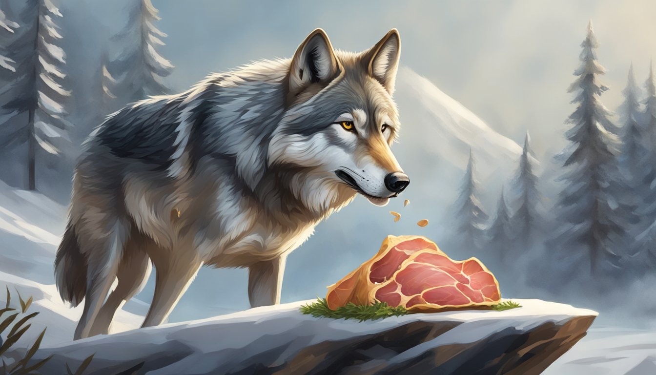 A wolf sniffs a piece of meat, its nose wrinkling in distaste as it detects the faint scent of mold