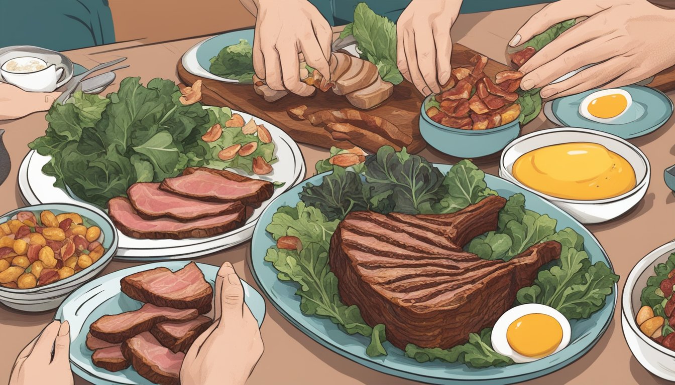 A table spread with various meats, eggs, and leafy greens. A person's hand reaching for a juicy steak while their eyes linger on a plate of bacon