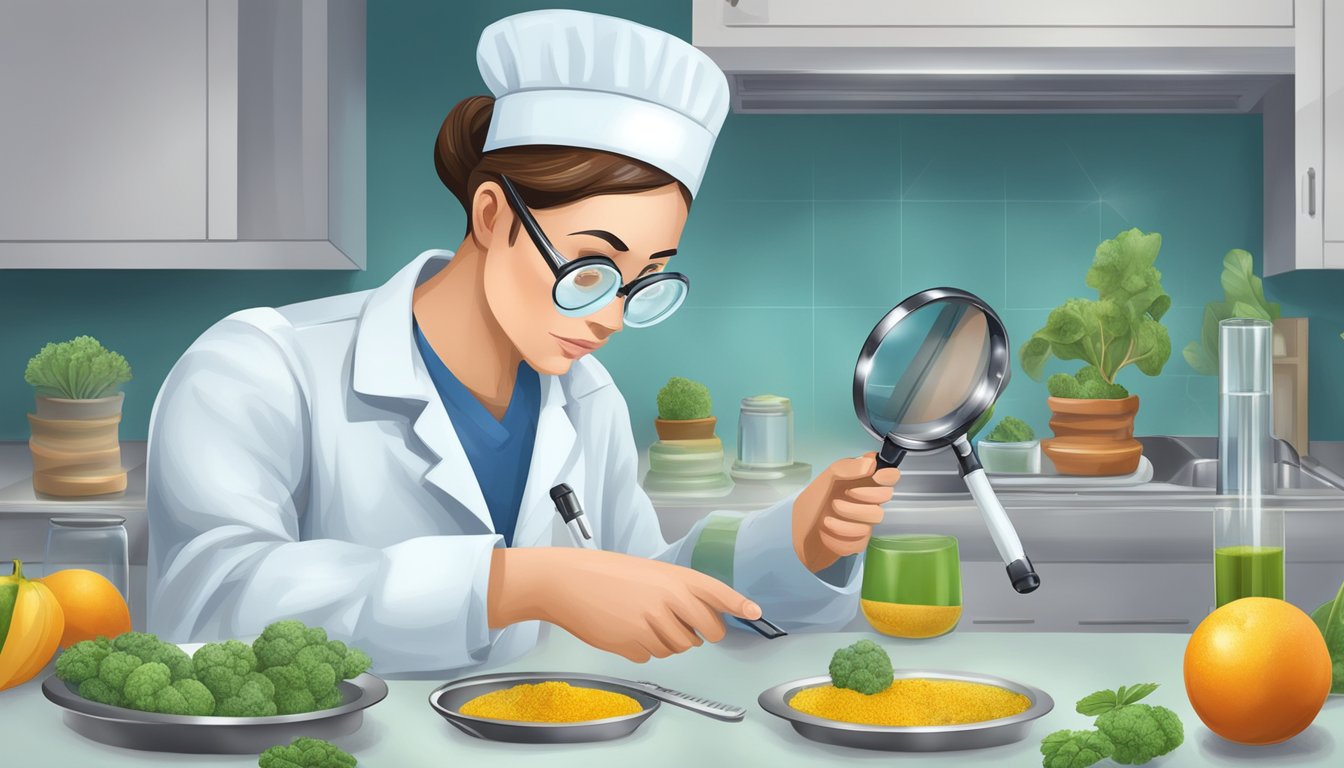 A healthcare professional examines food for mold toxicity using a magnifying glass and testing equipment