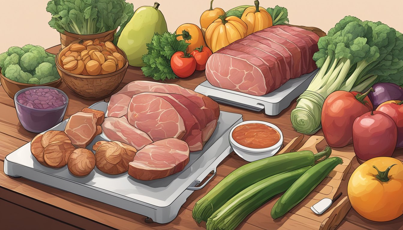 A table set with a variety of meats, vegetables, and fruits. A scale and measuring tape nearby