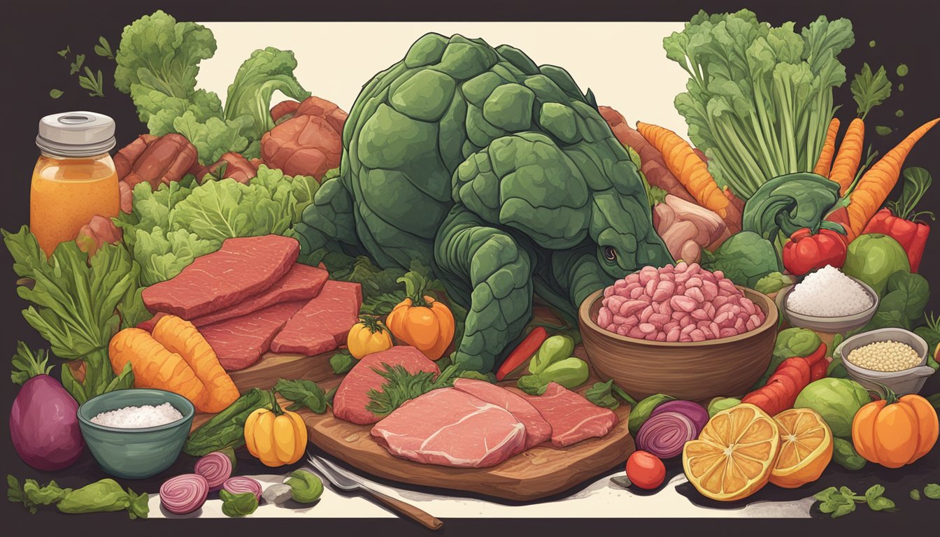 A carnivorous animal surrounded by fresh meat and vegetables, with a pile of sugar in the background