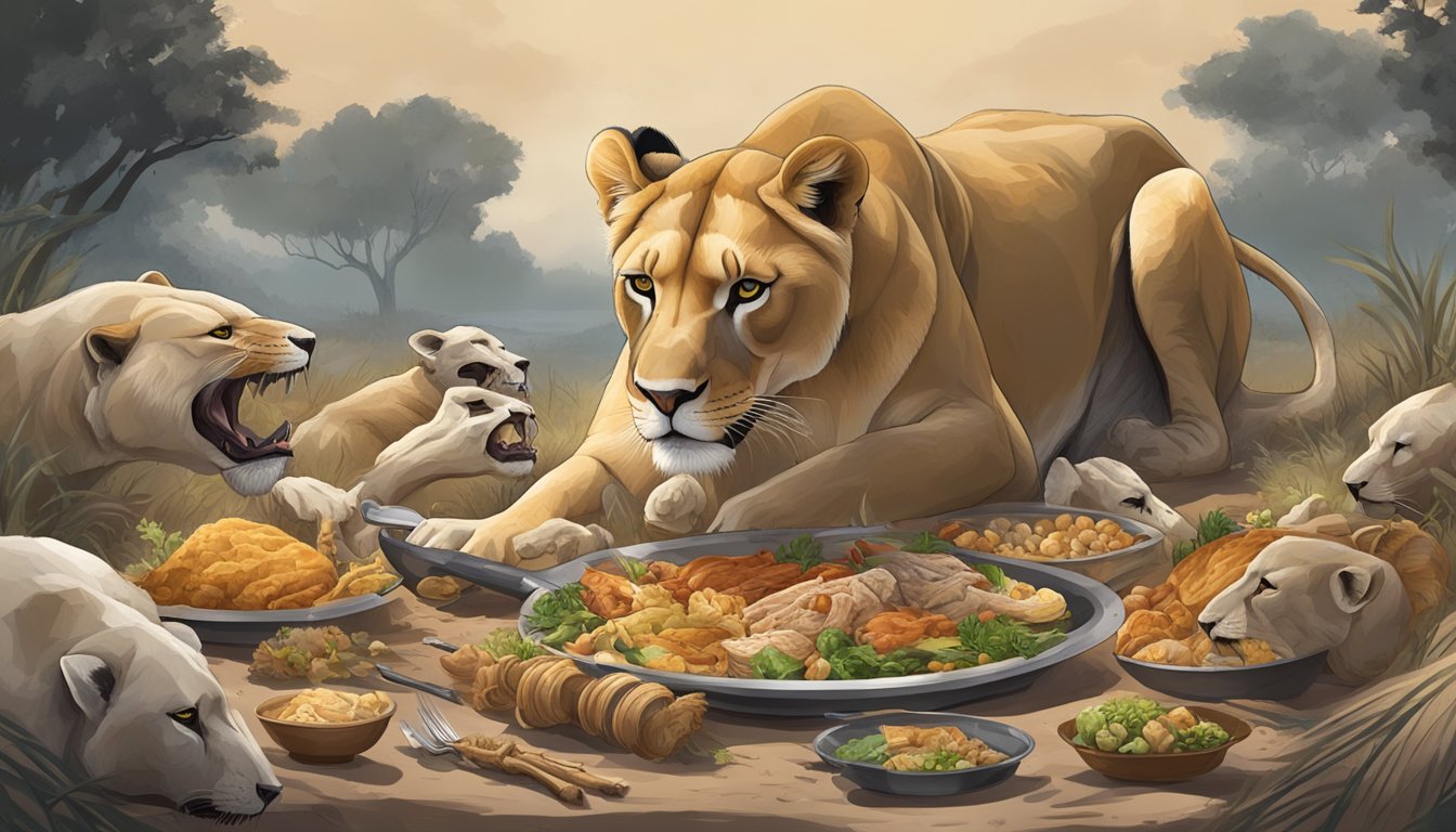 A fierce lioness feasting on a fresh kill, surrounded by the bones of her previous meals