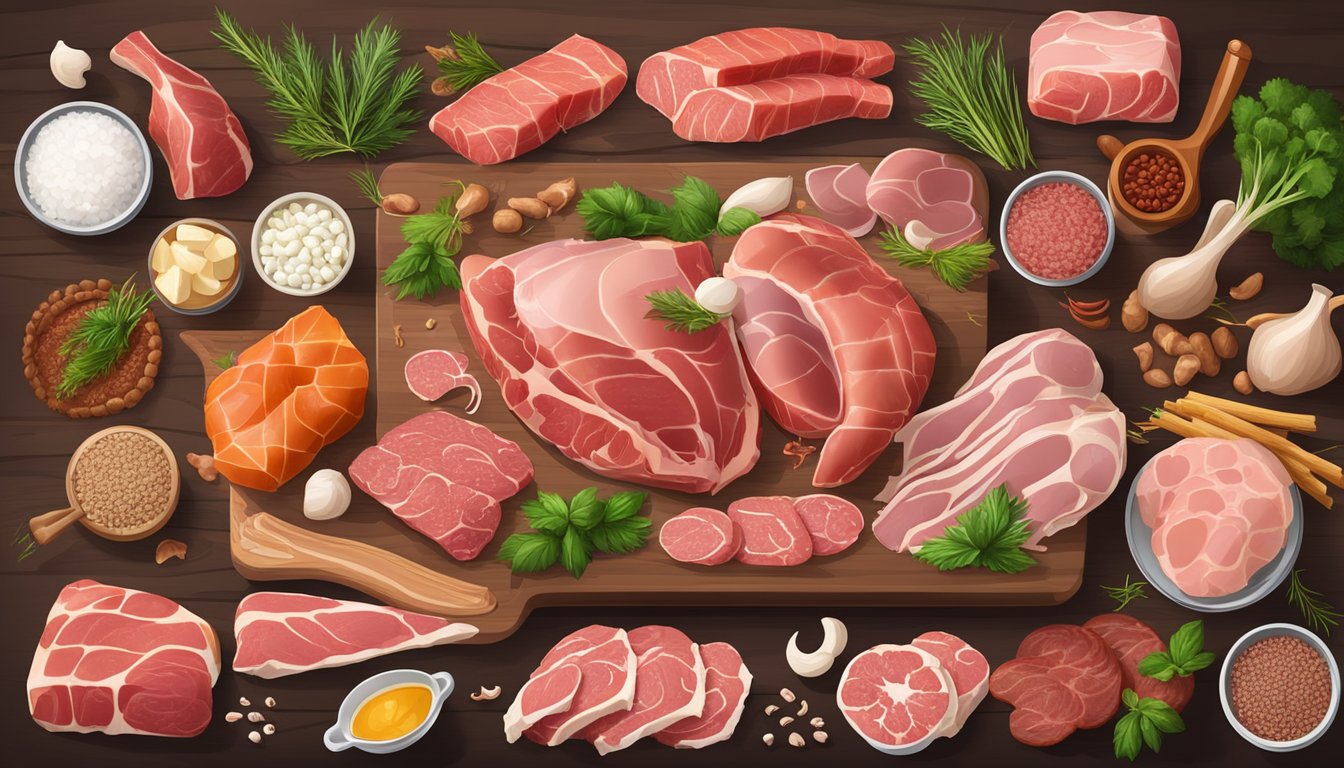 A large variety of raw meats and animal products laid out on a wooden table, surrounded by bones and raw ingredients