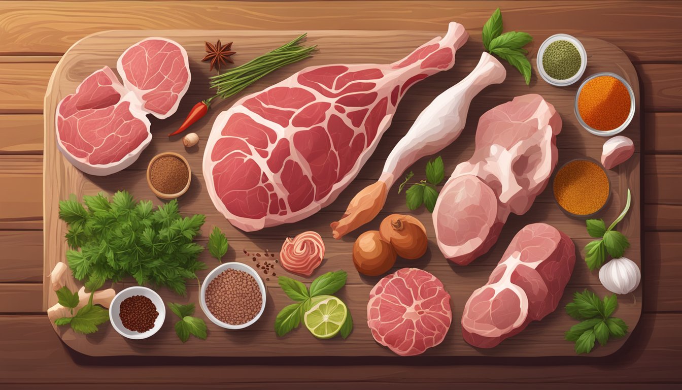 A variety of raw meat, bones, and organs laid out on a wooden cutting board, surrounded by fresh herbs and spices