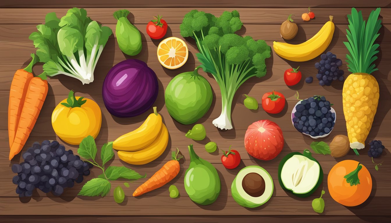 A variety of fresh, colorful fruits and vegetables displayed on a wooden table, with a knife and cutting board nearby