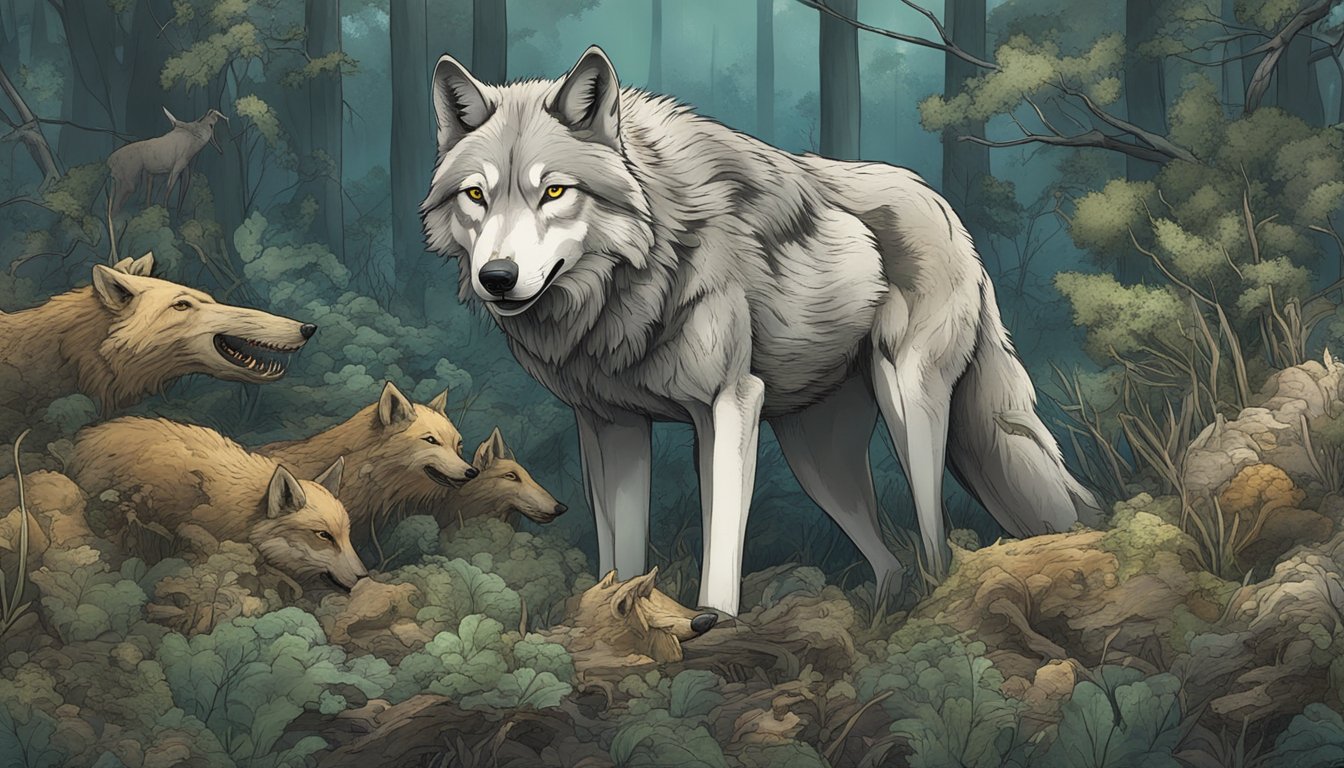 A wolf surrounded by decaying vegetation and rotting animal carcasses, symbolizing the dysbiocide potential of a carnivore diet