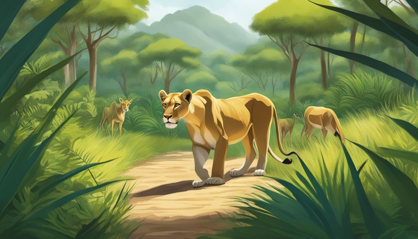 A lioness prowls through a lush, green jungle, her sharp eyes fixed on a herd of gazelles grazing in the distance