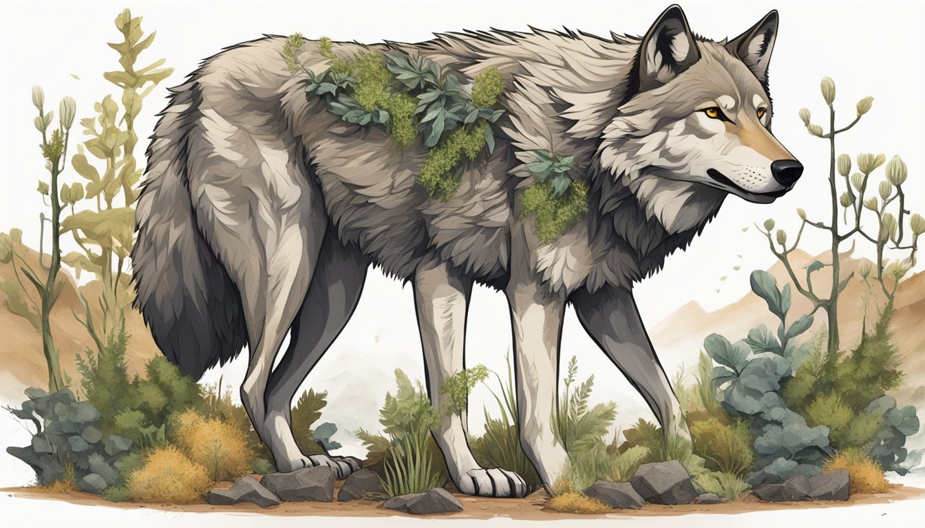 A wolf surrounded by decaying plant life and a barren landscape, symbolizing the dysbiocide effects of a carnivore diet