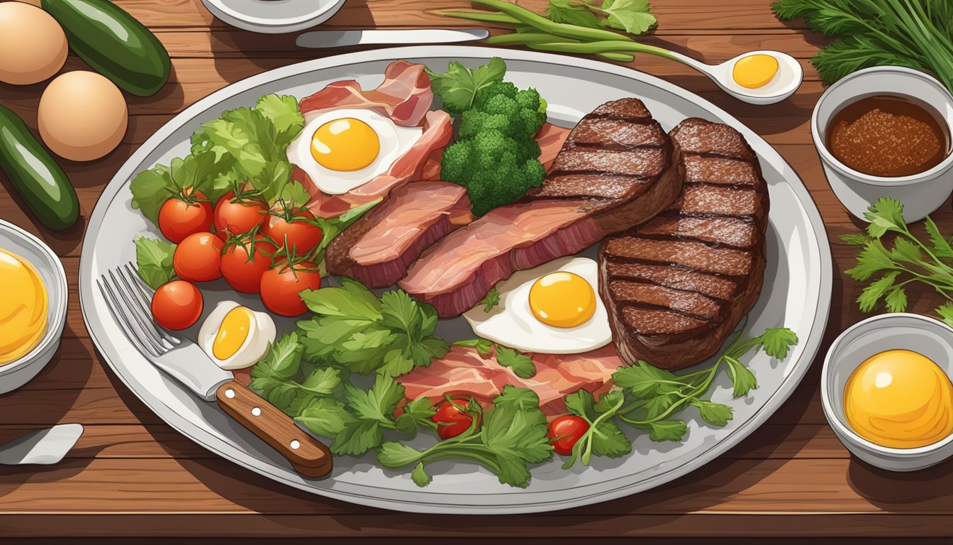 A plate of eggs, bacon, and steak on a wooden table, surrounded by fresh vegetables and herbs