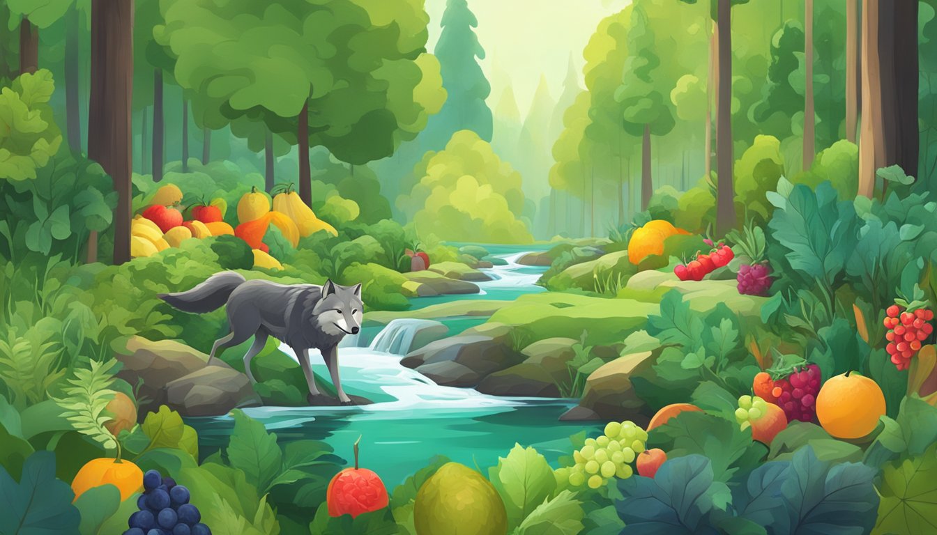 A lush green forest with a clear stream, surrounded by vibrant fruits and vegetables, with a wolf peacefully resting nearby