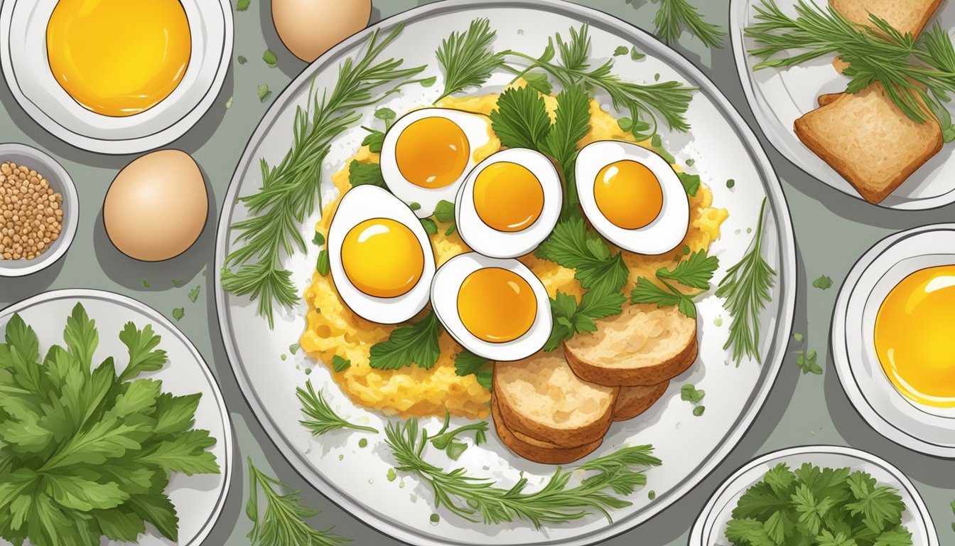 A plate with a variety of cooked eggs - scrambled, boiled, and fried - surrounded by a selection of fresh herbs and spices