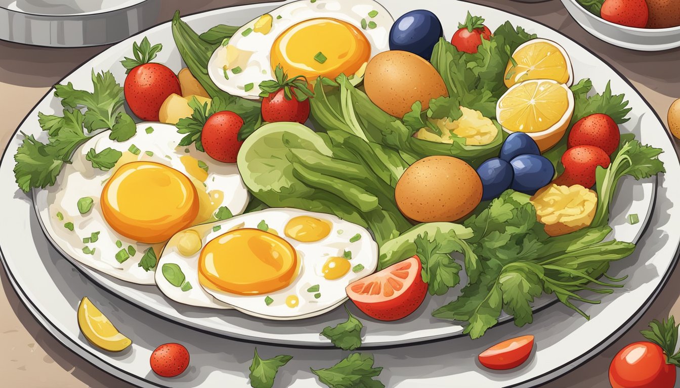 A plate with a variety of eggs - scrambled, boiled, and fried, surrounded by fresh vegetables and fruits