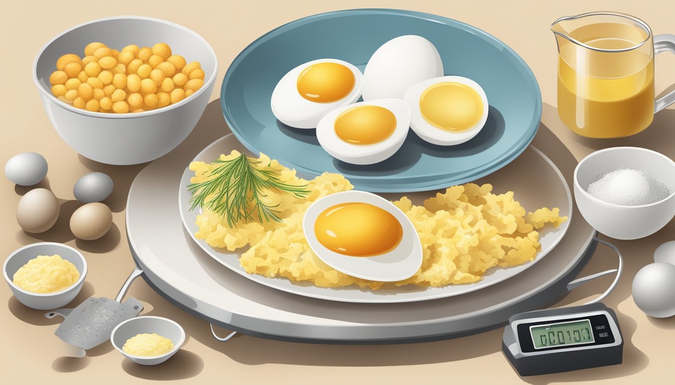 A plate with a variety of eggs - boiled, scrambled, and fried, surrounded by measuring cups and a food scale