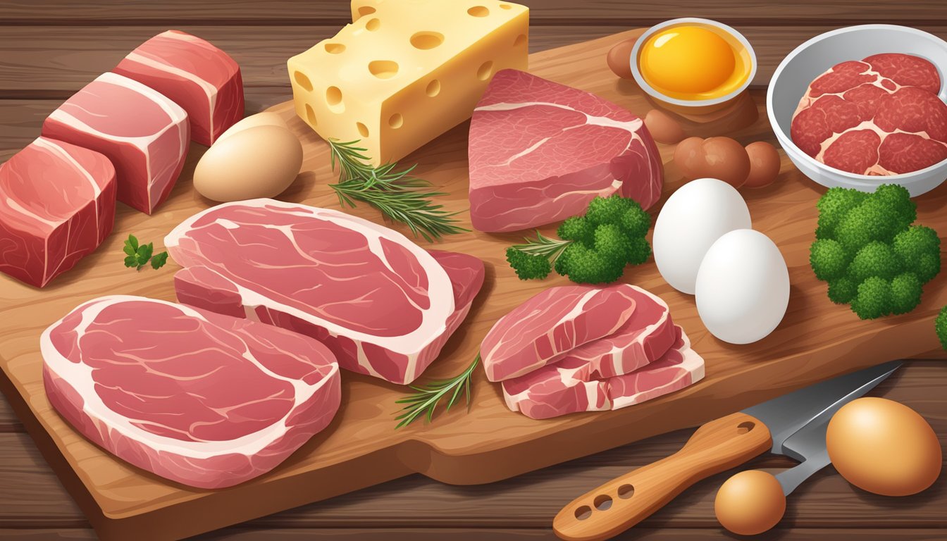 A variety of raw meats and animal products, such as steaks, eggs, and cheese, displayed on a wooden cutting board