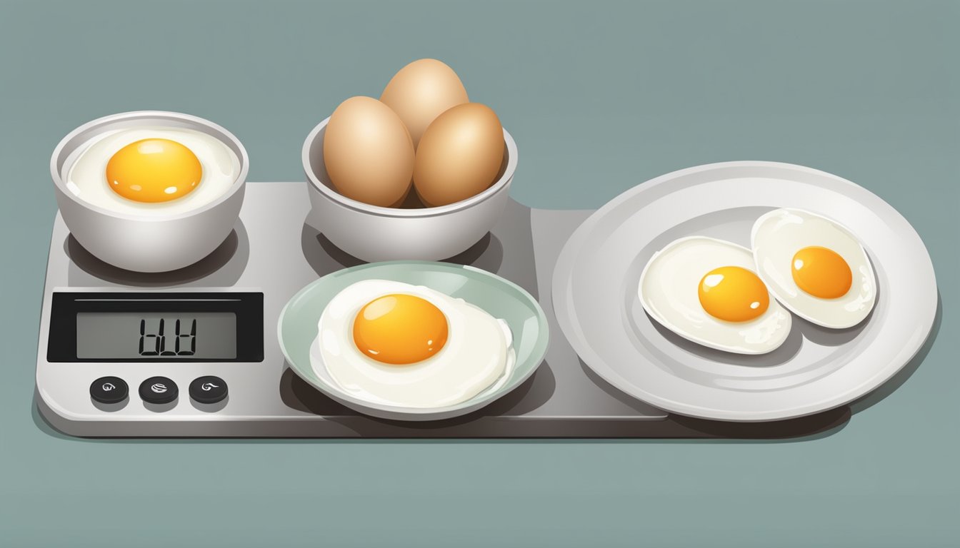 A carton of eggs, a kitchen scale, and a plate with a cooked egg