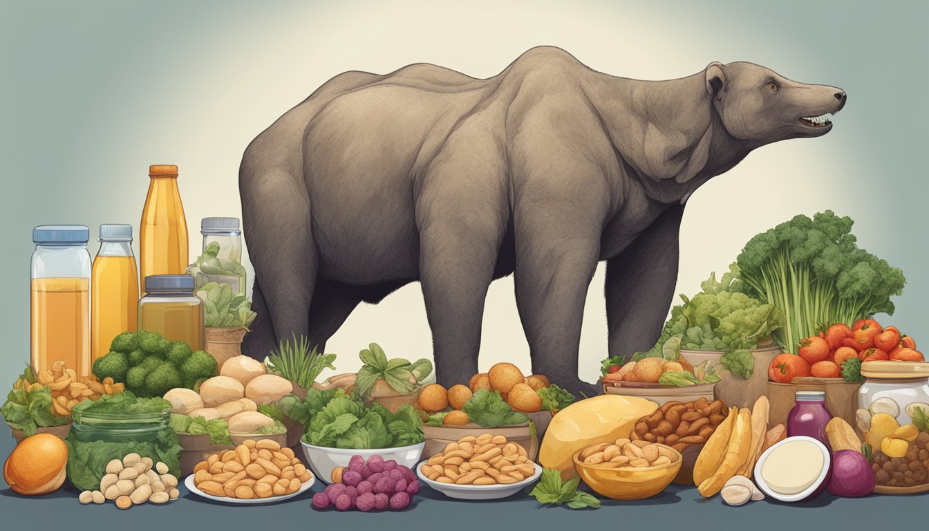 A carnivore surrounded by various foods and supplements, with visible signs of edema in the body