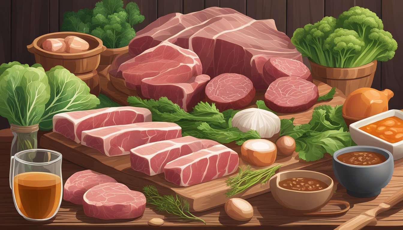 A variety of fresh raw meats and organs arranged on a wooden cutting board, surrounded by leafy green vegetables and bone broth in a rustic kitchen setting