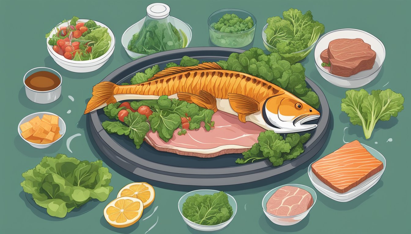 A carnivore surrounded by sources of electrolytes such as meat, fish, and leafy greens, with a scale representing balance