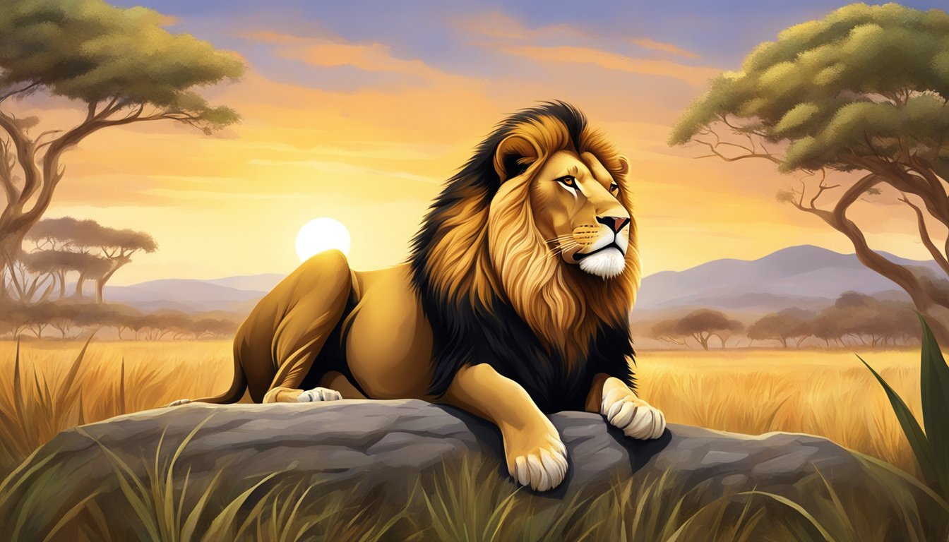 A lion basking in the warm glow of the sun, surrounded by a savannah teeming with life