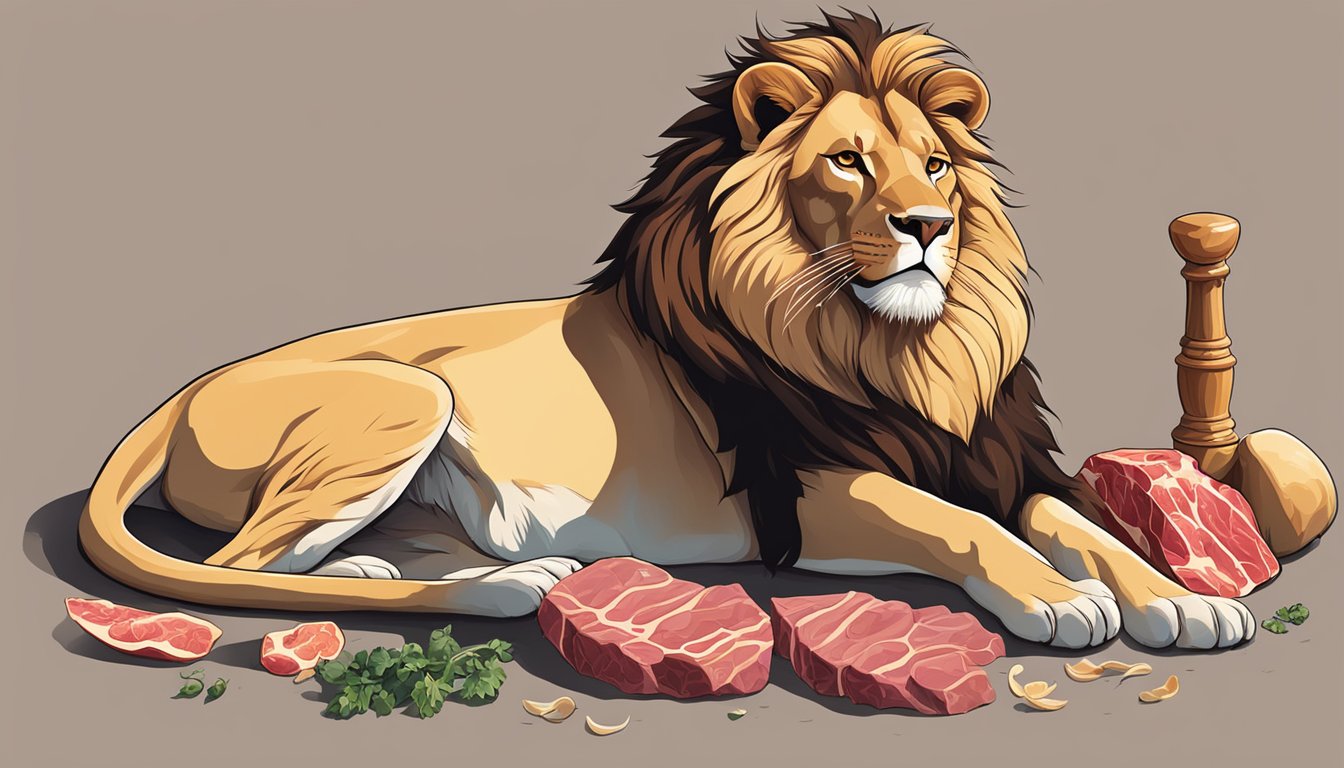 A lion basking in the sunlight, surrounded by raw meat and bones