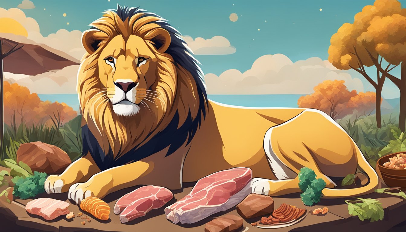 A lion basking in the sun, surrounded by a variety of fresh, raw meats and bones