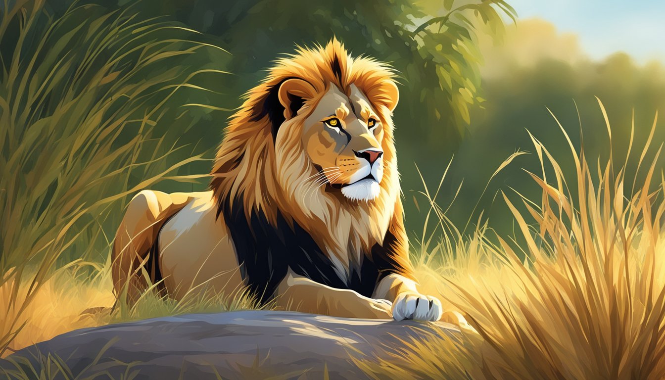 A lion basking in the warm glow of the sun, surrounded by a lush savanna with tall grass and vibrant foliage