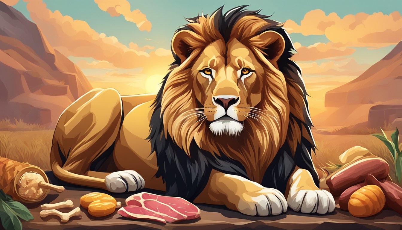 A lion basks in the warm glow of the sun, surrounded by an array of fresh, raw meat and bones